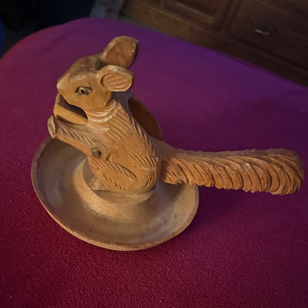 Carved Wooden Squirrel Nutcracker - Natural Wood